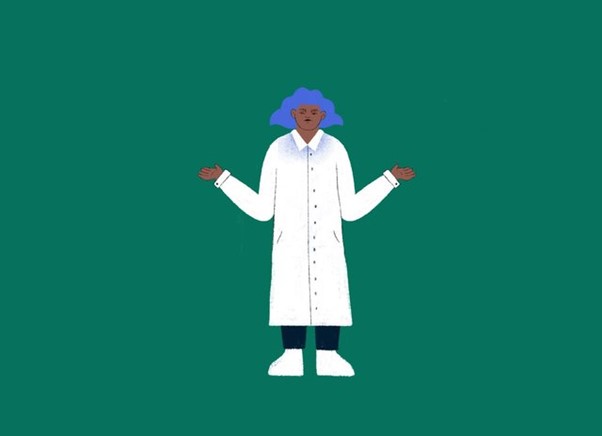 Illustration of a scientist wearing a white lab coat. They are raising their arms in the air as if asking a question.
